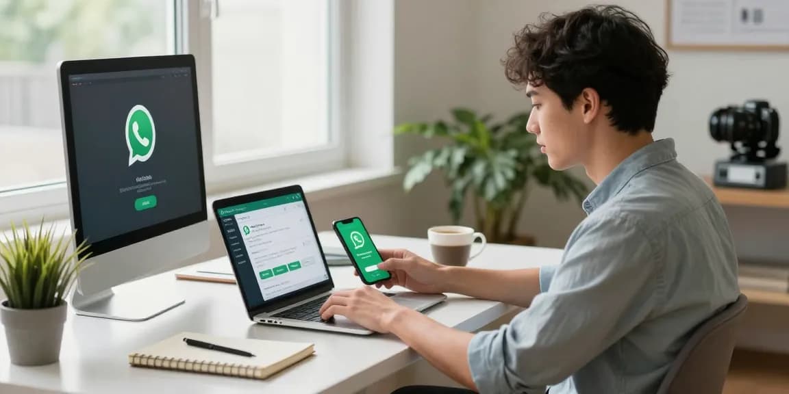 Person in home office downloading WhatsApp下載, showcasing modern tech workspace.