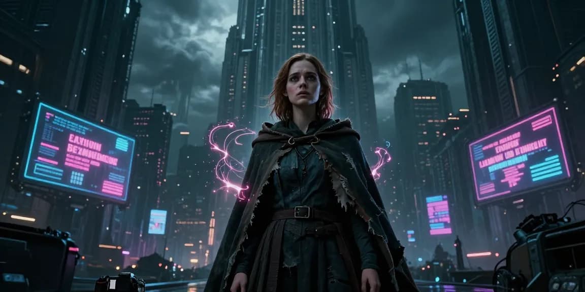Emma Thorne stands defiantly in a dystopian cityscape, embodying the struggle against emotions banned in a high-stakes narrative.