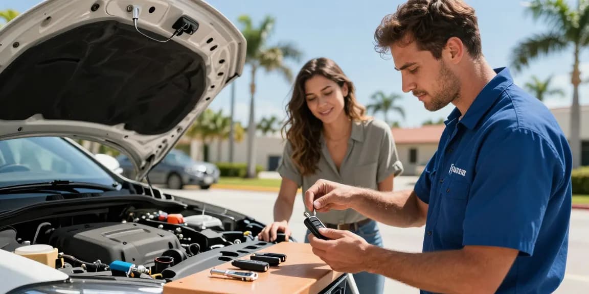 Expert car key replacement Fort Lauderdale service with locksmith replacing a key fob in sunny location.
