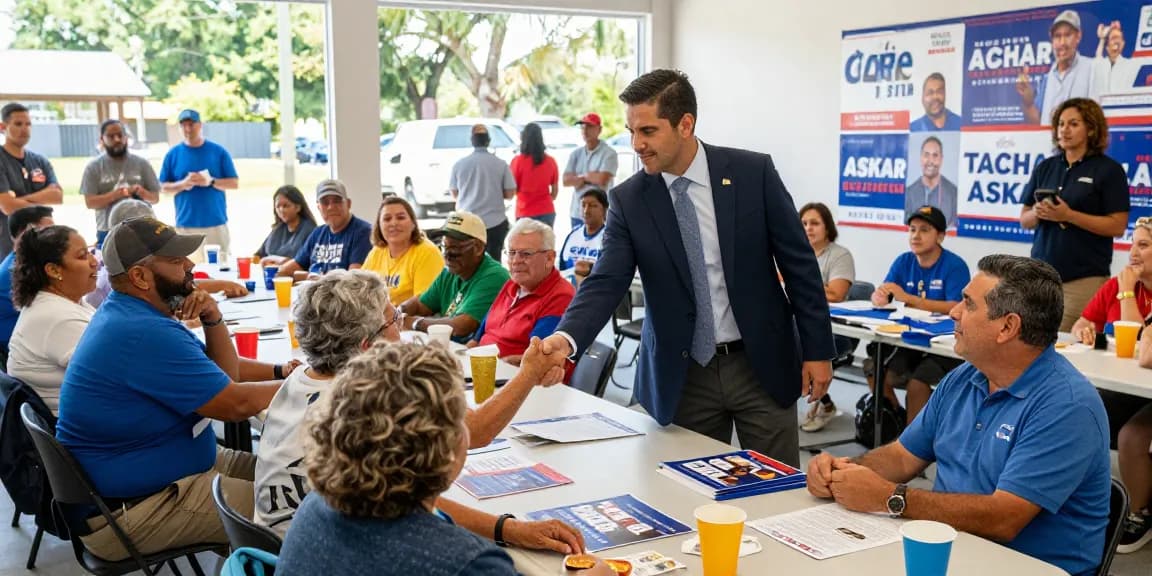 Casey Askar speaking with local voters at a town hall meeting in Florida, showcasing community engagement.