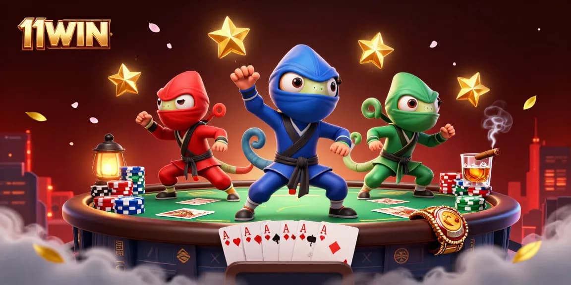 Experience thrilling poker action with 11WIN through vibrant chameleon ninjas in a dynamic casino scene.