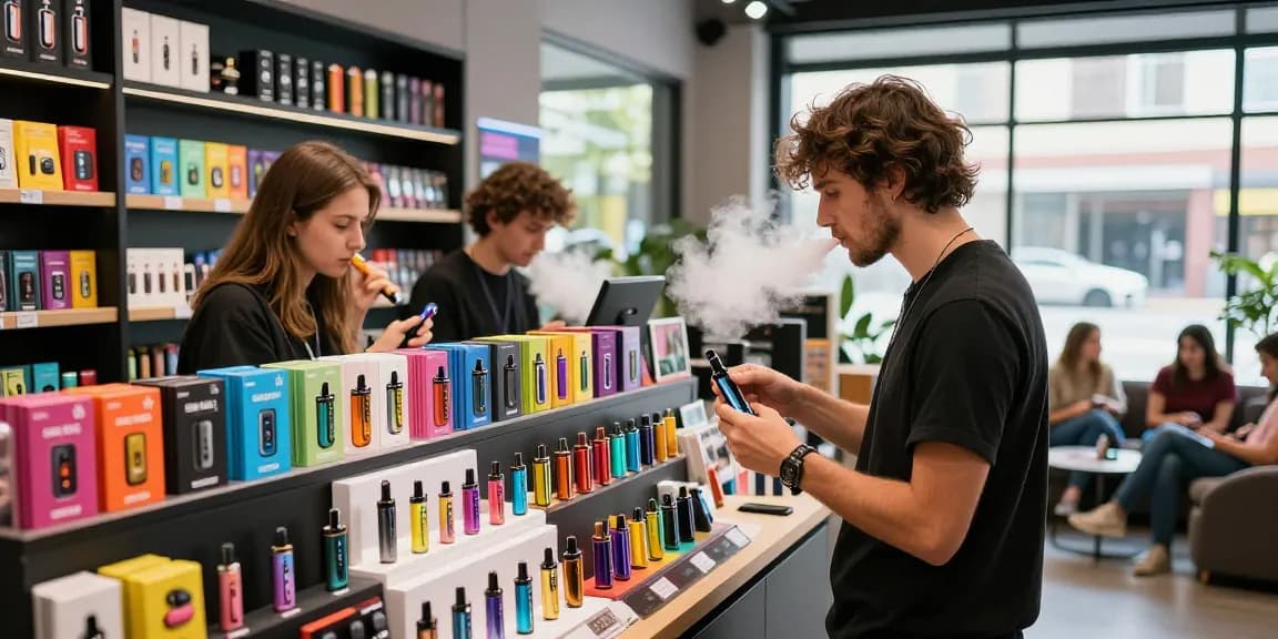 Shopping for top disposable vapes in the USA at a vibrant vape shop with a wide selection.