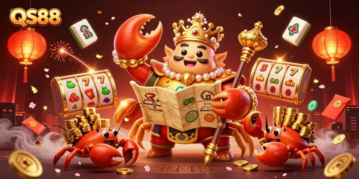 Experience thrilling slot games at QS88 as a golden crab emperor guides you through a treasure-filled adventure.