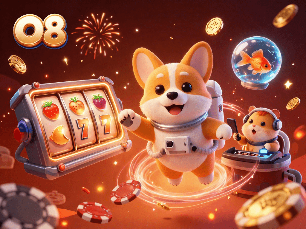 Spin and win at O8 with an astronaut corgi and vibrant slots in a dynamic casino scene.