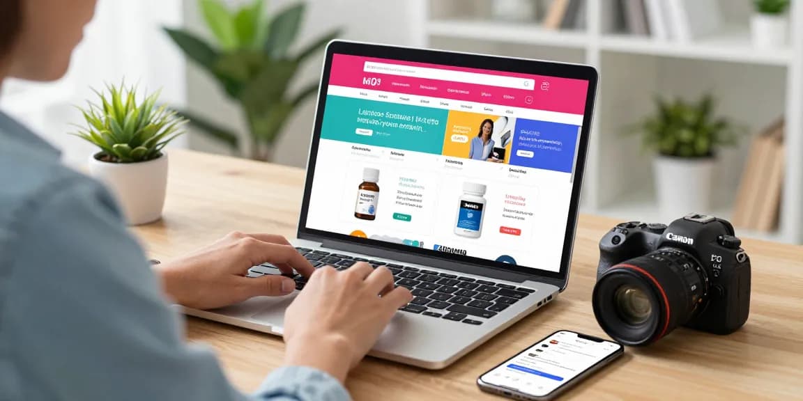 Shopping for crystal MDMA online, vibrant e-commerce scene with diverse products displayed on a laptop.