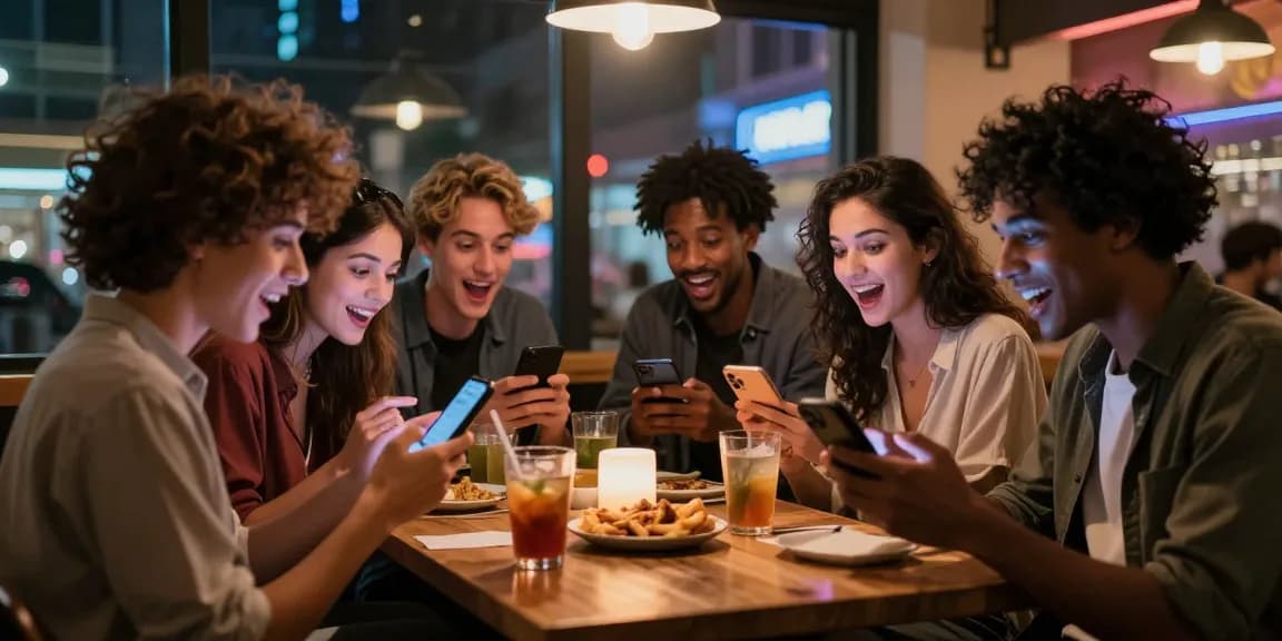 Engaging in lively NSFW AI chat at a café, friends enjoying vibrant atmosphere and humor.