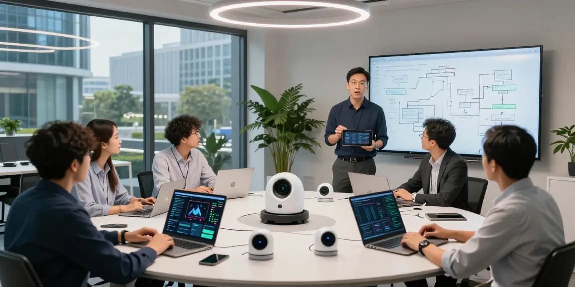 Data scientists collaborating on edge computing insights with laptops and IoT devices in a modern workspace.