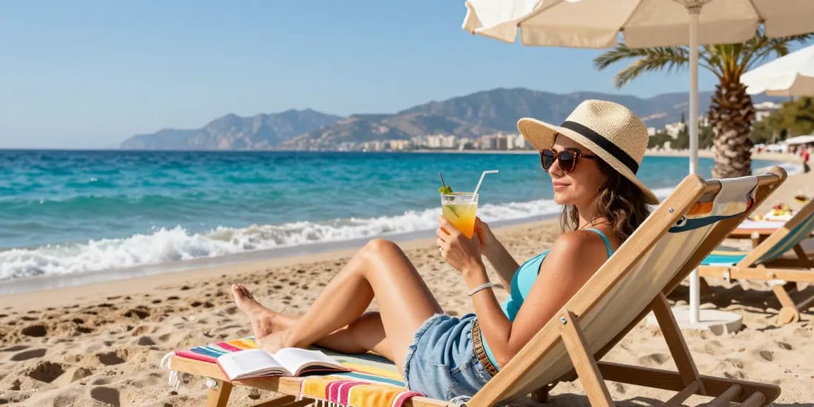 Antalya weather October shows sunny beach scene with turquoise waves and traveler relaxing.