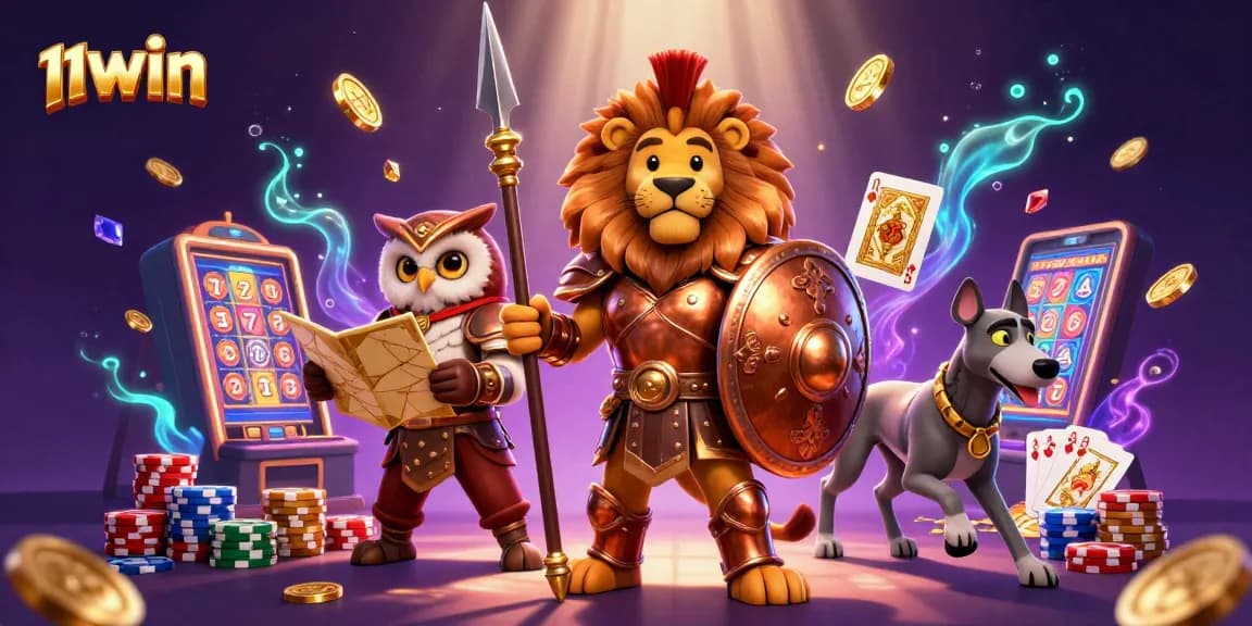 Win big with 11WIN in this vibrant, engaging gambling illustration featuring slot reels and a royal flush.