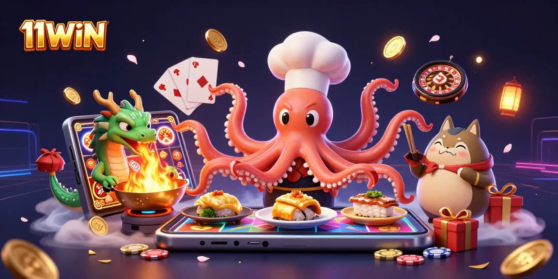 Engage with 11WIN’s vibrant gaming experience, featuring a sushi chef octopus and a dragon amidst dynamic casino elements.