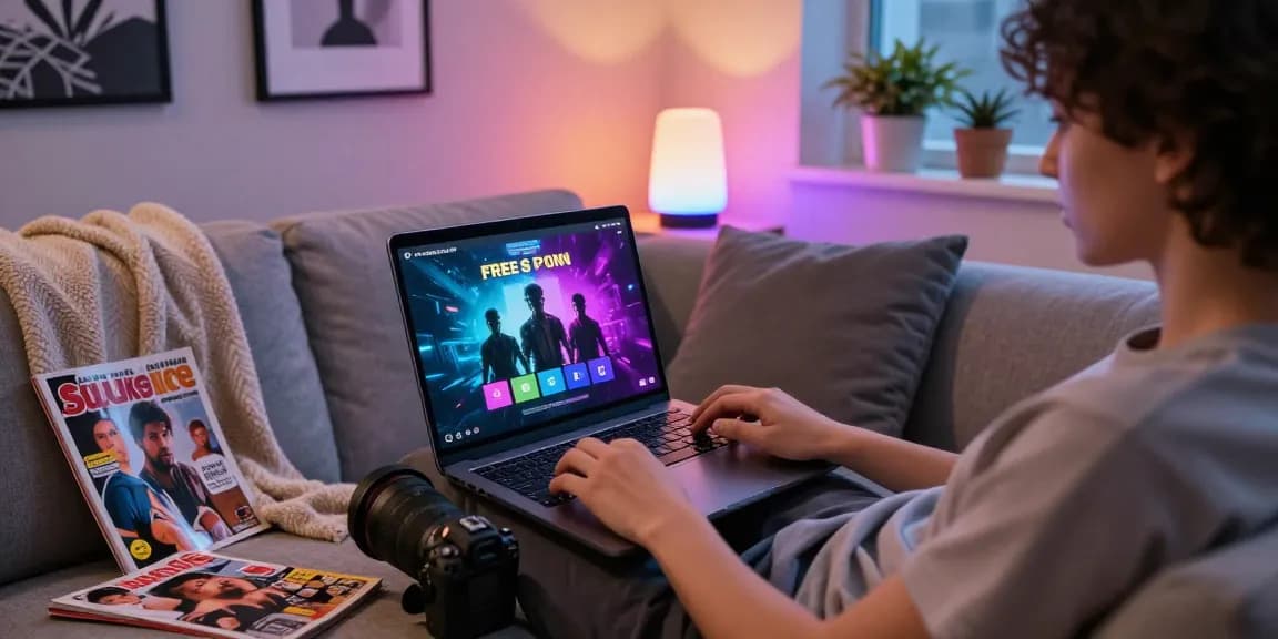 Engaging scene of a person enjoying a free porn game on a laptop in a cozy living room