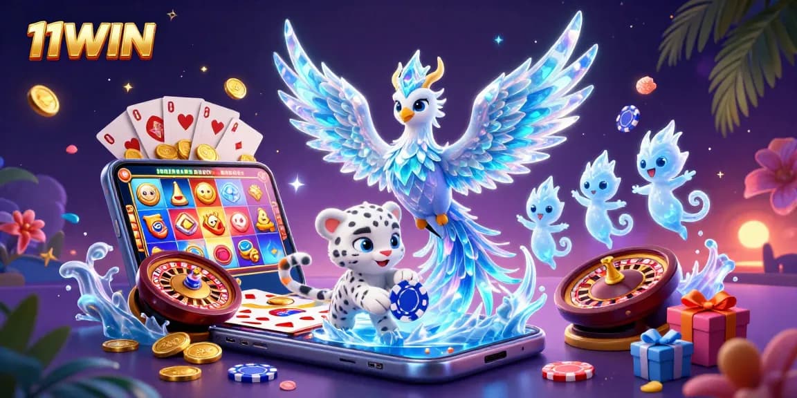 Engage with 11WIN's thrilling casino experience, featuring a creative 3D illustration of characters amidst vibrant gaming elements.
