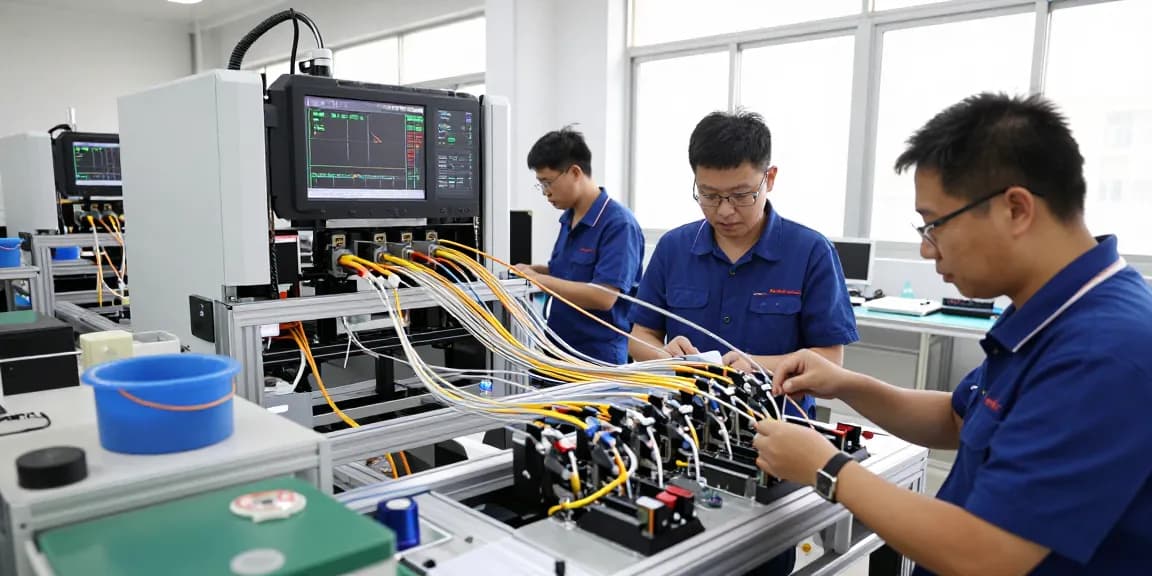 Engineers inspecting precision optical cables in a high-tech assembly facility.