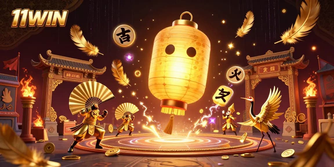Experience the thrilling allure of 11WIN casino with a vibrant 3D illustration of a golden lantern spirit above a night market.