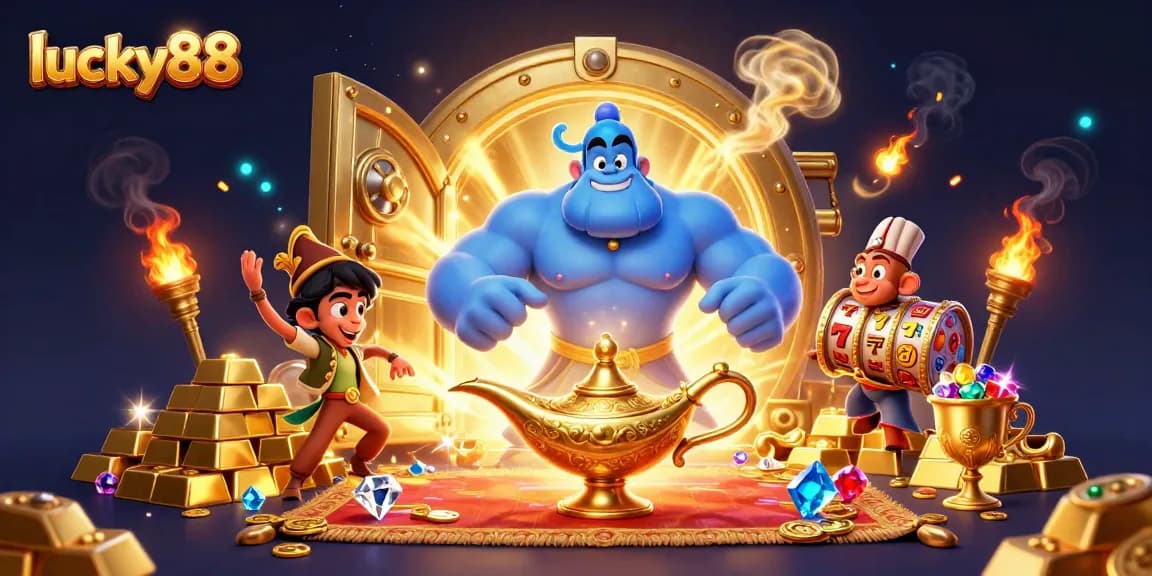 Experience excitement with lucky88's engaging slot reels and treasures in this vibrant casino scene.