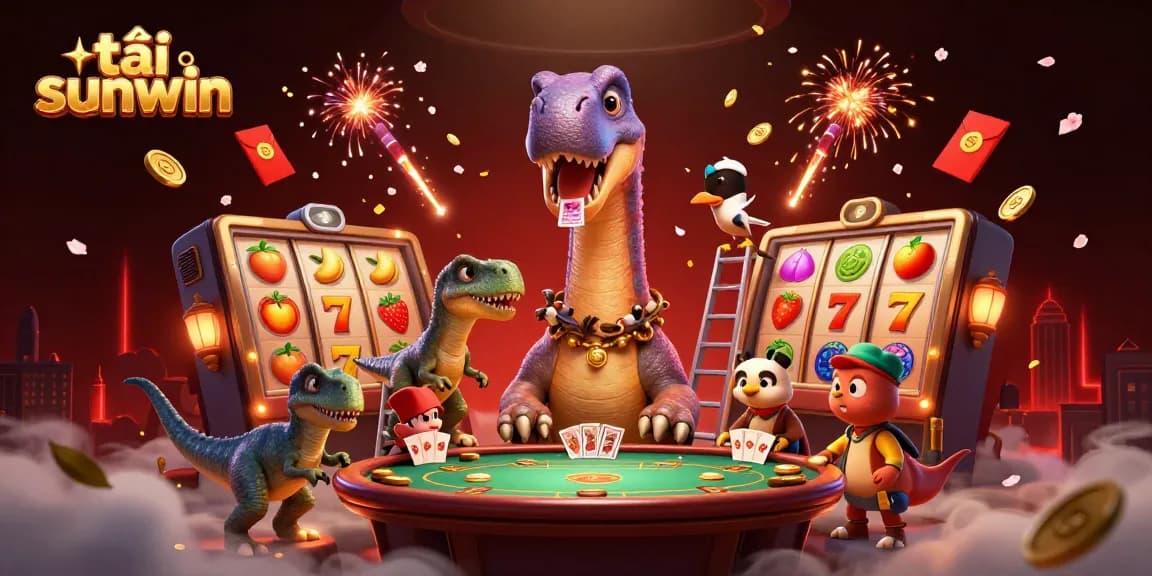 Engage in strategy with tải sunwin at a vibrant casino scene featuring a brontosaurus and dealers.