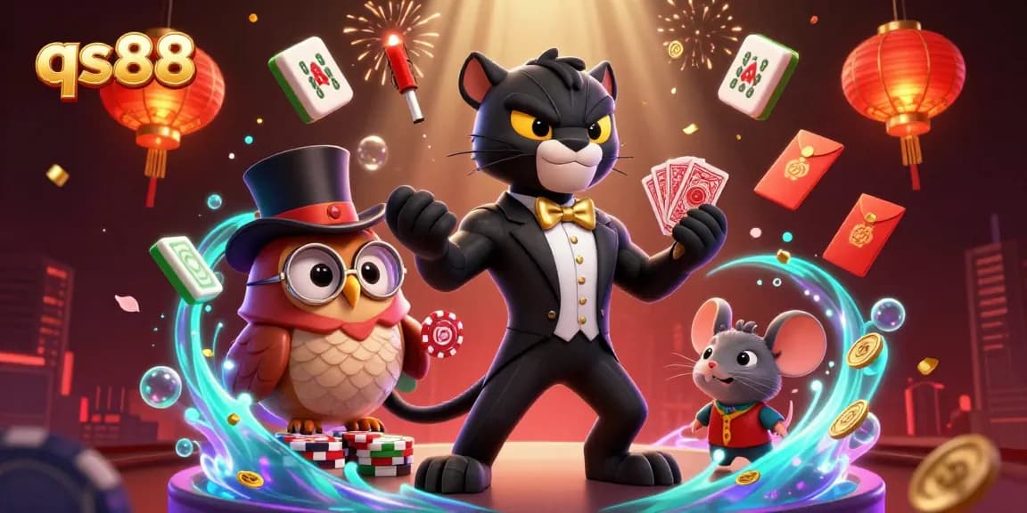 Experience qs88's thrilling card games featuring a stylish panther dealer, vibrant chips, and festive elements.