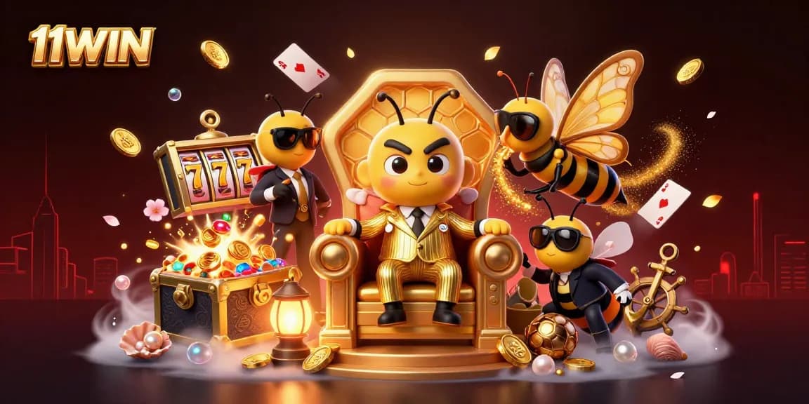 11WIN illustrates a vibrant casino scene with a bumblebee mob boss and slot machine excitement.