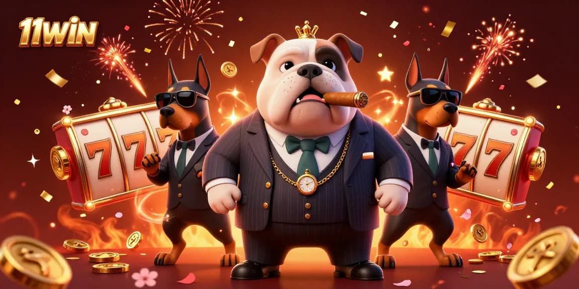 Engage in thrilling gameplay with 11WIN and vibrant casino action featuring a mafia boss and slot reels.