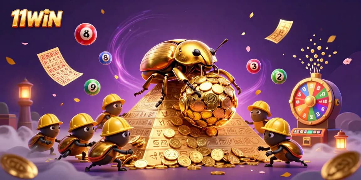 11WIN encourages gaming excitement with a colorful 3D illustration of lucky lottery elements and a golden dung beetle.