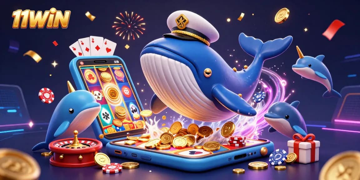 Engage in thrilling gameplay with 11WIN as a cartoon whale breaches coins and dolphins play with poker chips.