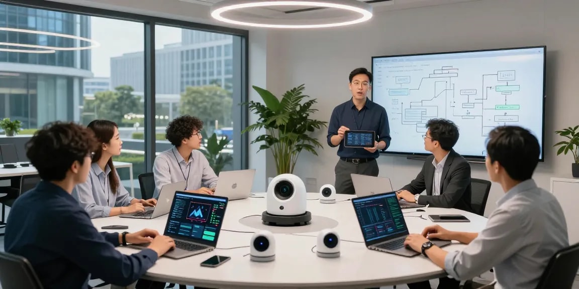 Data scientists collaborating on edge computing insights with laptops and IoT devices in a modern workspace.