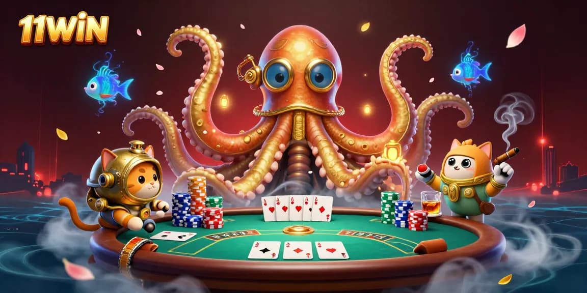 Play thrilling games at 11WIN with a cartoon kraken and vintage diving cat under epic casino skies.