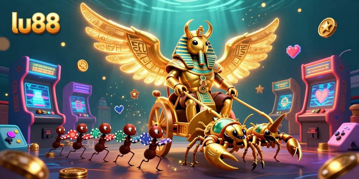Engage with lu88 in a vibrant casino scene featuring a golden scarab and gaming elements.