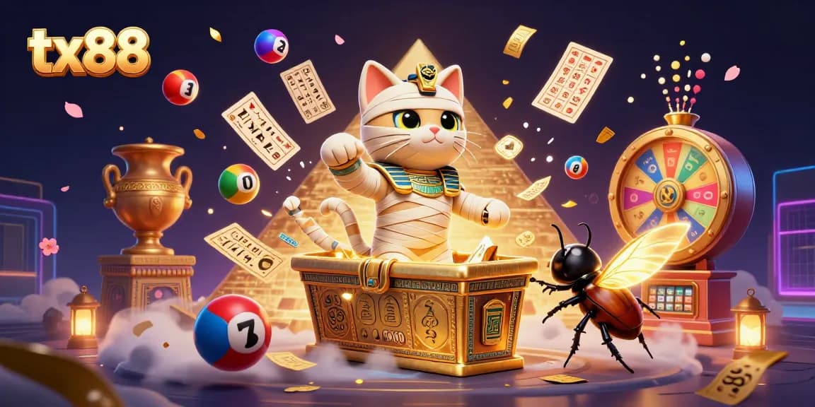 Experience thrilling gameplay at tx88, featuring an Egyptian mummy cat in a vibrant casino setting.