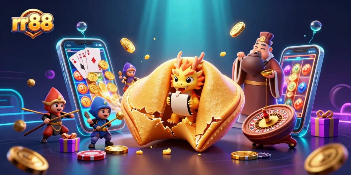Experience exciting gaming at rr88 with a dynamic casino scene featuring fortune cookies and slot games.