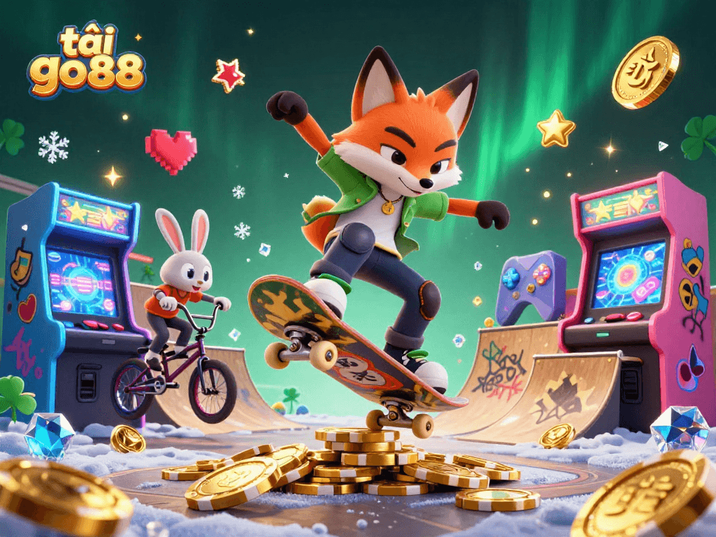 Experience the thrill of tải go88 with a vibrant casino-themed 3D illustration, featuring dynamic characters.