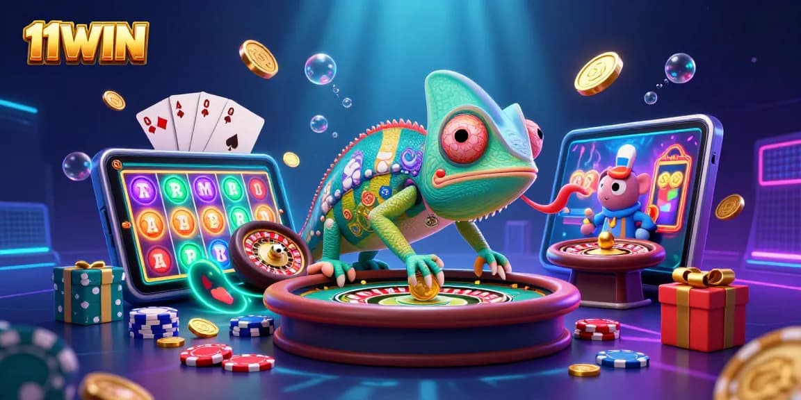 Experience winning action with 11WIN in a vibrant casino illustration bursting with energy.