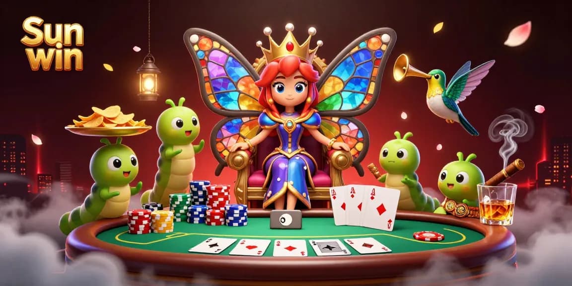 Experience Sun win with a vibrant poker scene featuring a butterfly queen and colorful chips