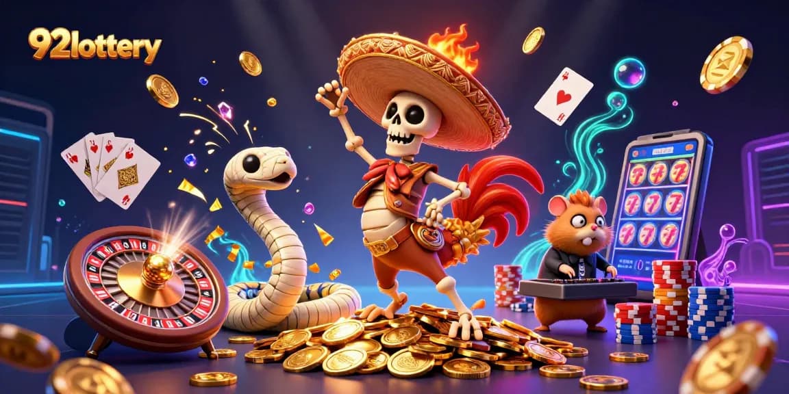 Exciting scene of 92lottery as a cartoon casino with vibrant characters, golden coins and spinning roulette.