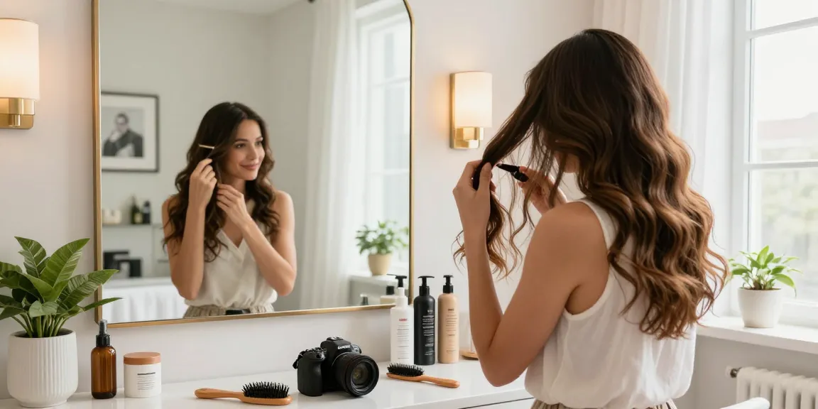 Applying hair toppers in a modern bathroom, showcasing various styles and colors for vibrant beauty.