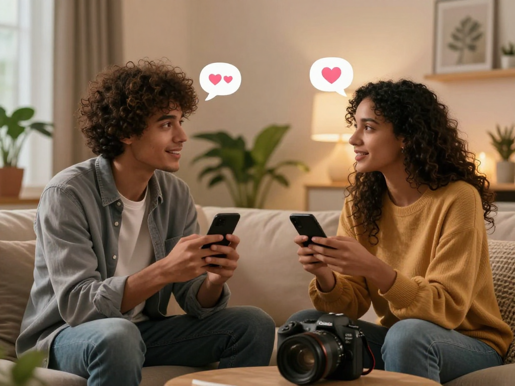 Engaging avatars in a cozy virtual chat about ai sex, surrounded by warm lighting and digital elements.