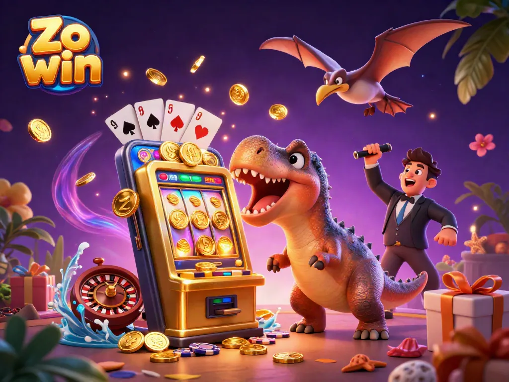 Zo win: pachycephalosaurus wins jackpots with a golden slot machine in this vibrant casino scene.
