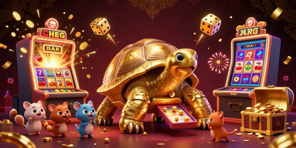 Engage with the dynamic gaming world of 9 bet featuring vibrant slot machines and a charming tortoise.