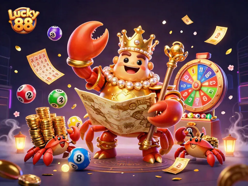 Experience the excitement of Lucky 88 in this vibrant casino scene featuring a golden crab emperor surrounded by lottery elements.