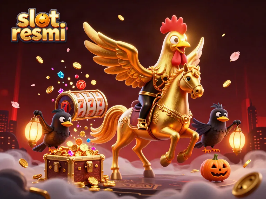 Experience the thrill of slot resmi in a vivid casino scene with golden rooster and treasures.