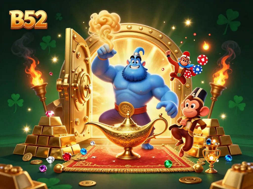 Experience the thrill of B52 with a vibrant casino illustration featuring a genie and treasure.