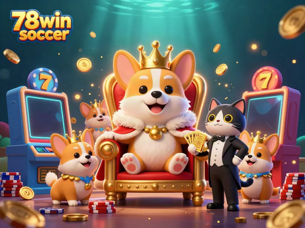 Spin to win at 78win soccer with a vibrant 3D illustration featuring a royal corgi king surrounded by playful slots!