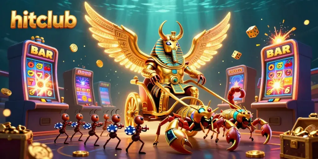 Experience exhilarating wins with hitclub's dynamic jackpot scene featuring a scarab and scorpions.
