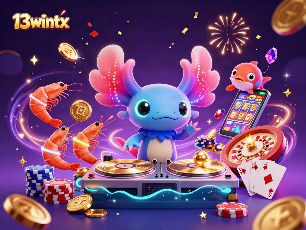 Engage with vibrant 13wintx gaming energy featuring axolotl DJ and dynamic casino elements.