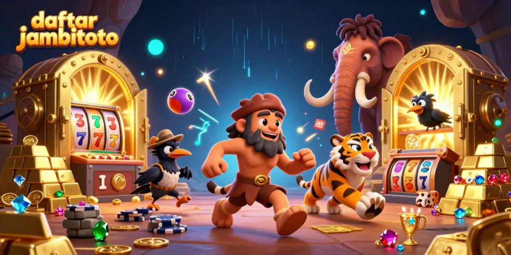 Join the fun at daftar jambitoto with a vibrant prehistoric casino scene featuring ancient games and treasures!
