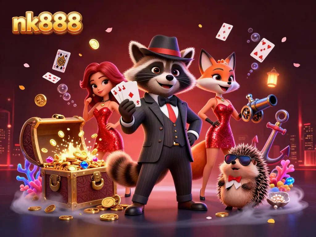 Experience excitement at nk888 with an action-packed scene of a raccoon holding a royal flush in a vibrant casino setting.