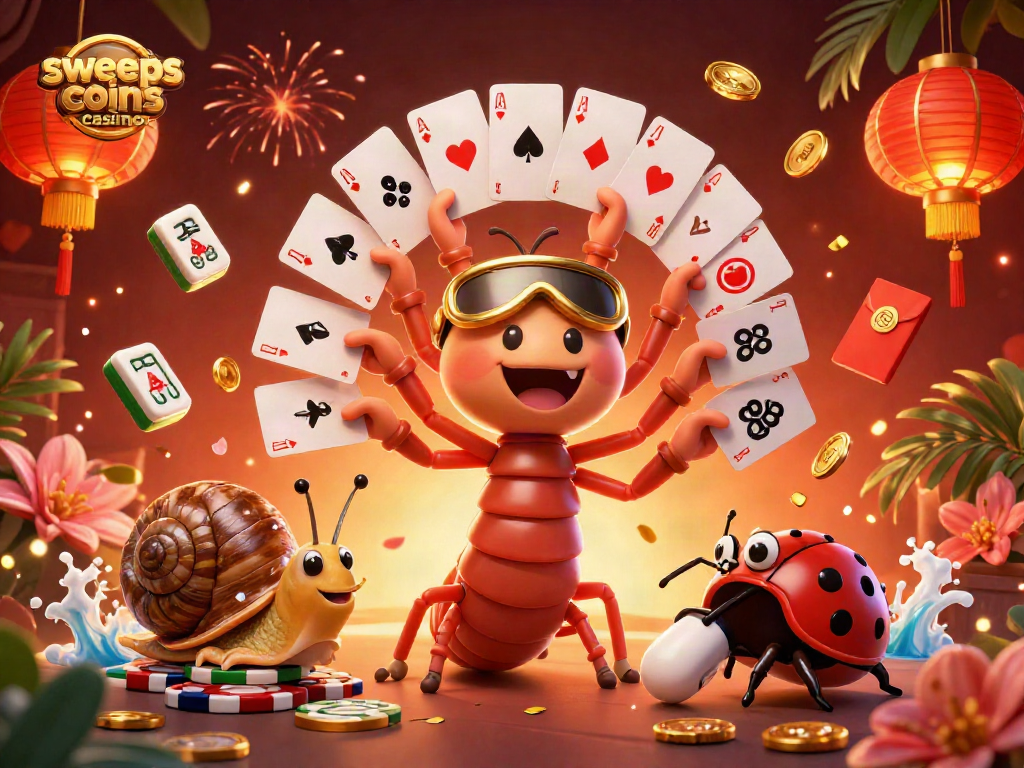 Engaging scene of a sweeps coins casino featuring a cartoon millipede dealer and high-roller snail.