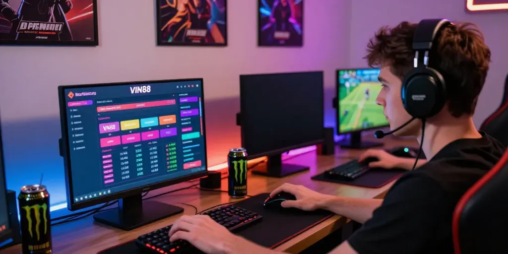 Engaged player using the VIN88 platform in a vibrant gaming room filled with accessories.