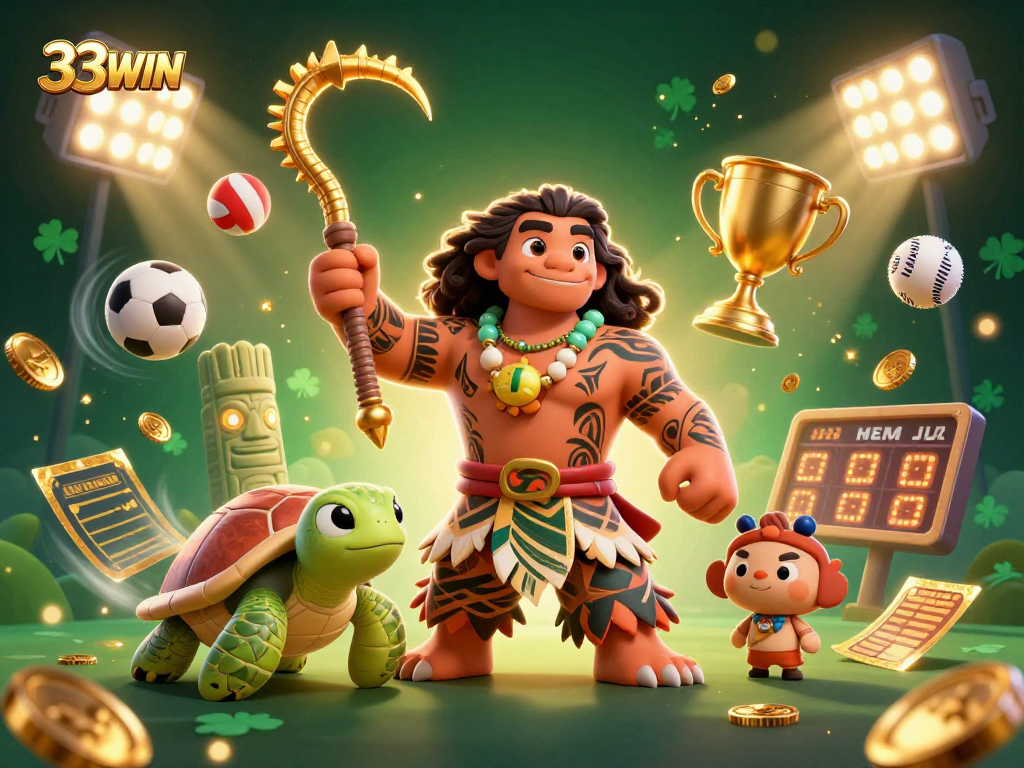 33WIN showcases a Polynesian demigod and turtle, surrounded by dynamic sports betting elements.