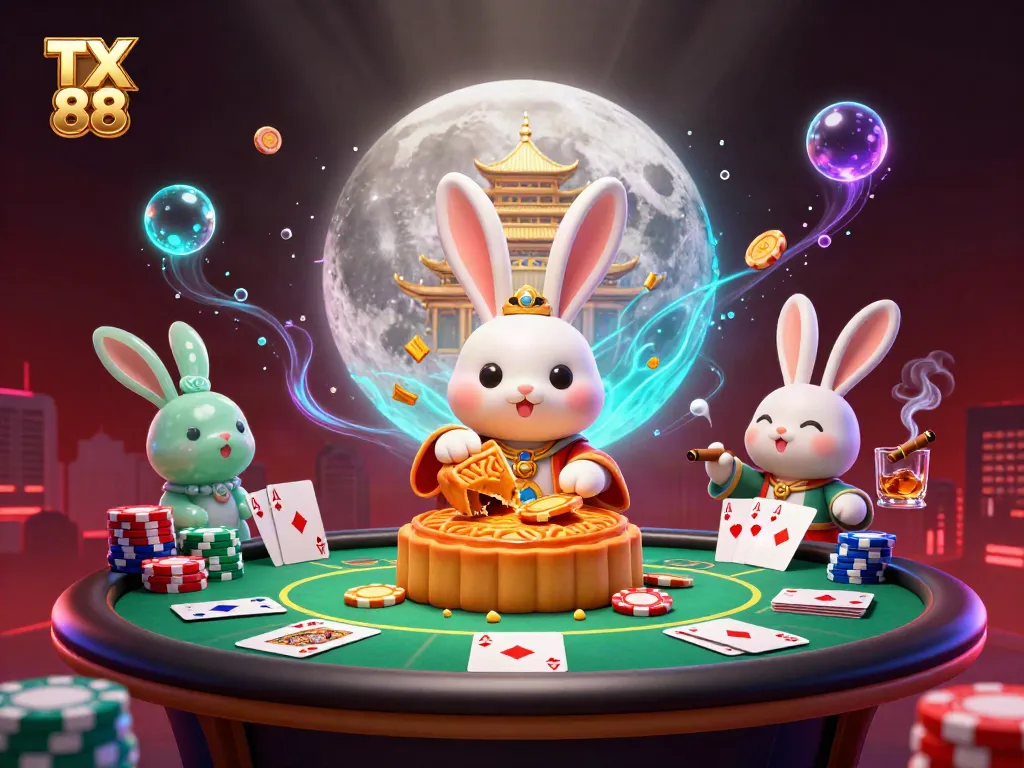 Experience thrilling gameplay at TX 88 with poker chips surrounded by festive moon folklore characters.